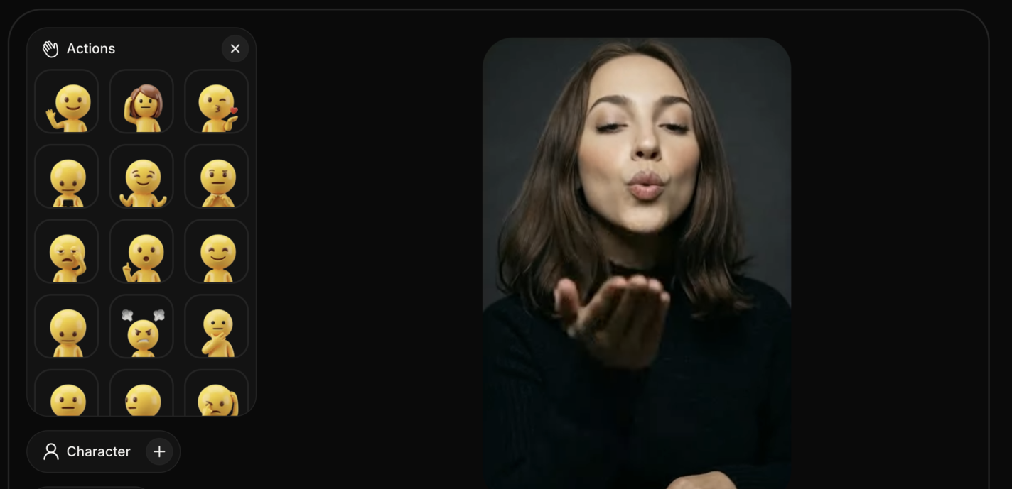 A woman blows a kiss towards the camera, with a panel of emoji-like characters to her left.