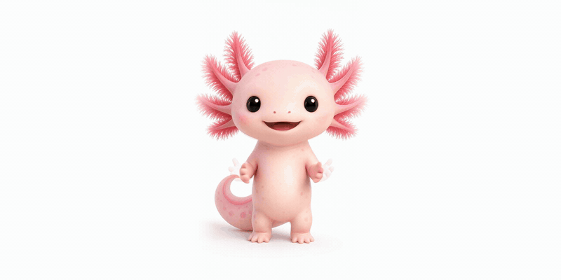 A cute, pink, bipedal axolotl character with large dark eyes and feathery gills smiling against a white background.
